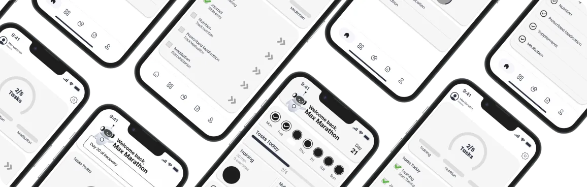 Mehrere mobile Wireframes der Rehapp-App zeigen frühe Layout-Entwürfe für die Patientenansicht.