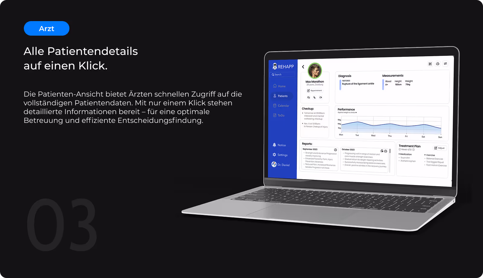 Zu sehen ist die Patienten-Detailansicht in der Rehapp-App aus ärztlicher Sicht auf einem Laptop. Daneben folgender Text: Die Patientenansicht bietet Ärztinnen und Ärzten schnellen Zugriff auf vollständige Patientendaten. Mit nur einem Klick stehen detaillierte Informationen bereit – für eine optimale Betreuung und fundierte Entscheidungen.
