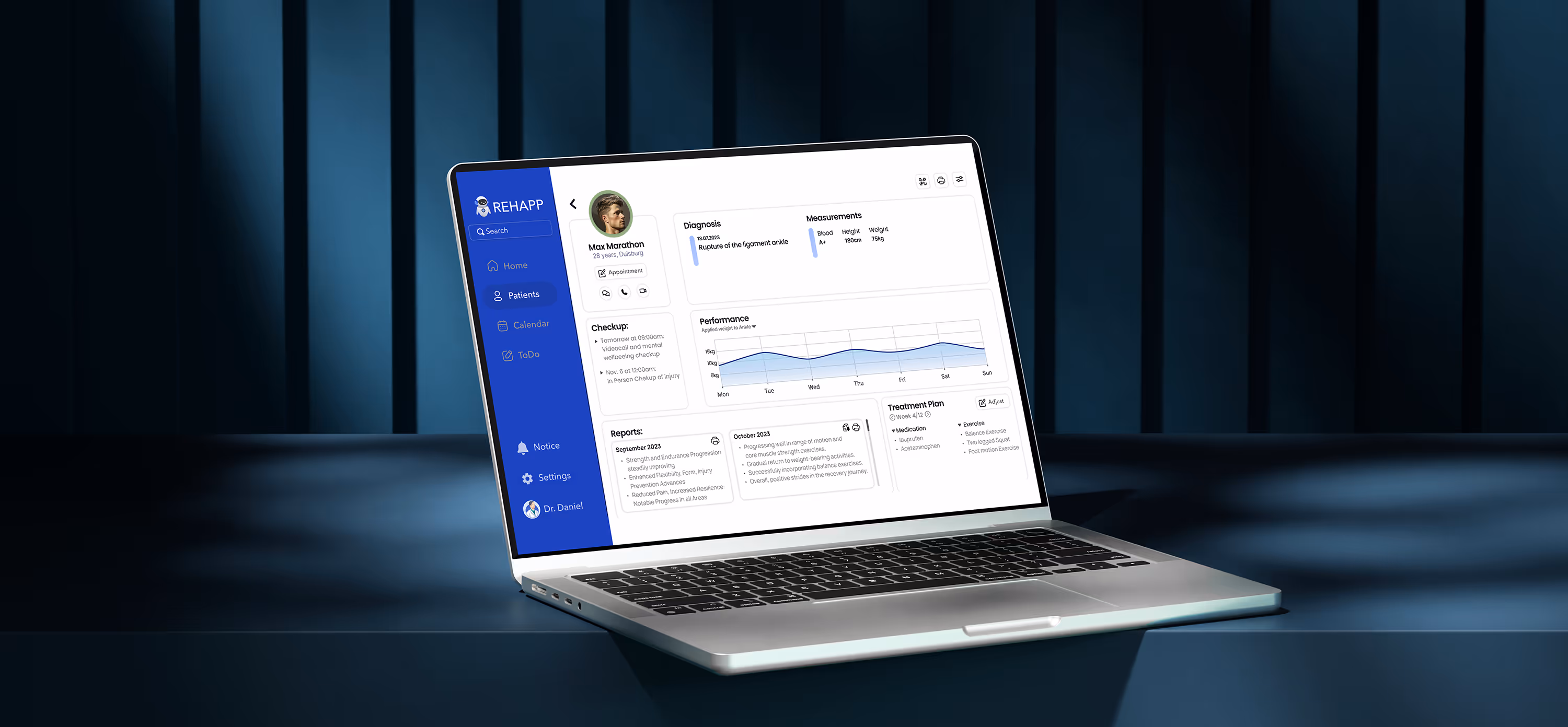 Mockup der Rehapp-Anwendung auf einem Laptop aus der Sicht des Arztes. Projekt abgeschlossen.
