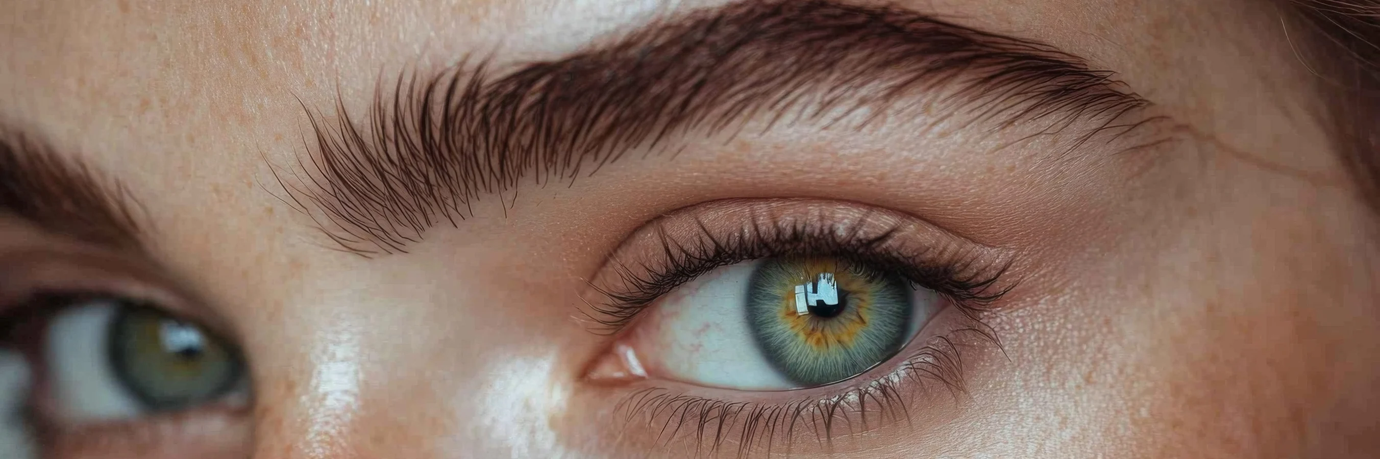 Primo piano di donna con sopracciglia perfettamente definite, effetto trucco permanente naturale, luce morbida
