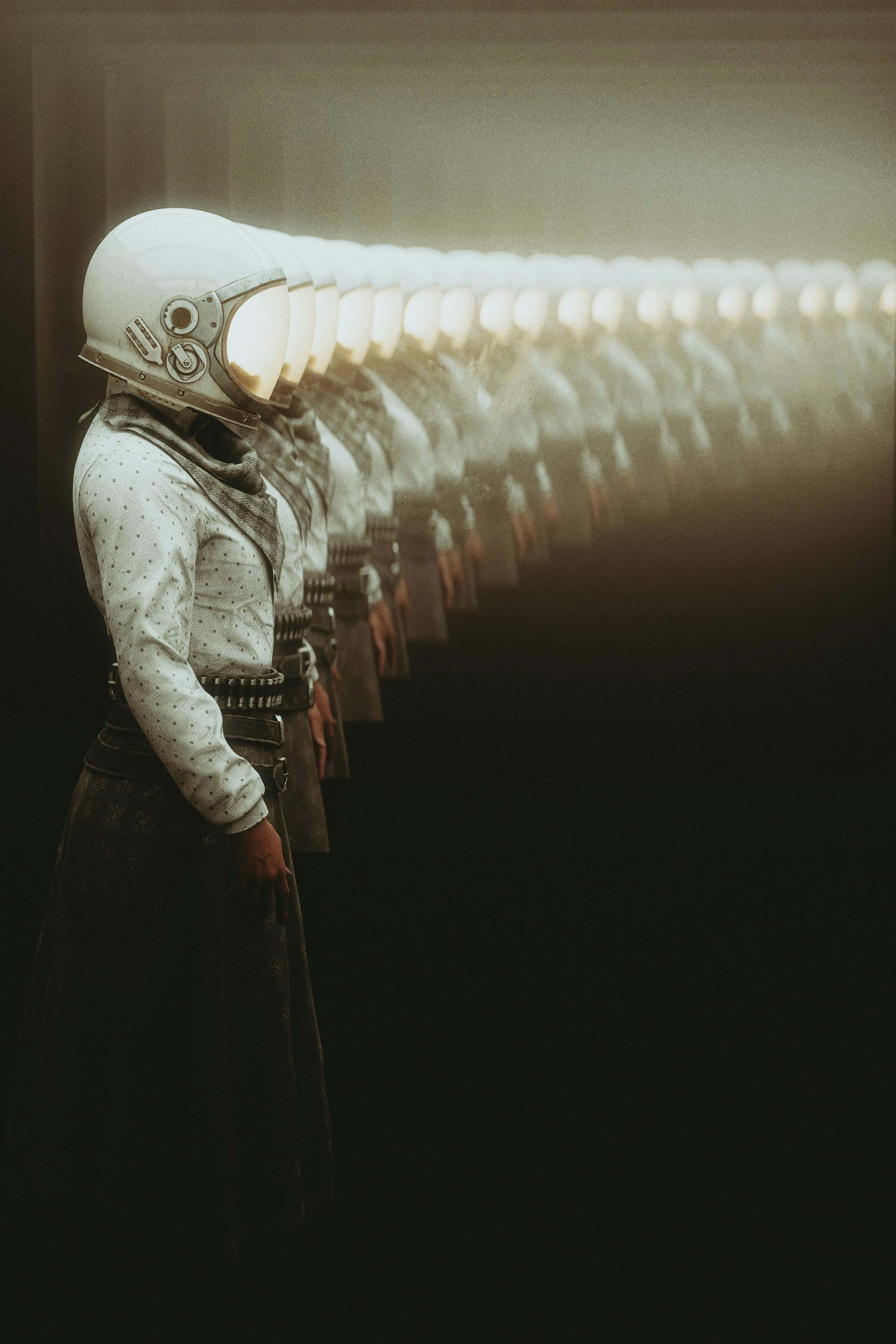 A woman in a helmet stands before a row of helmets, showcasing safety gear and promoting protective measures.
