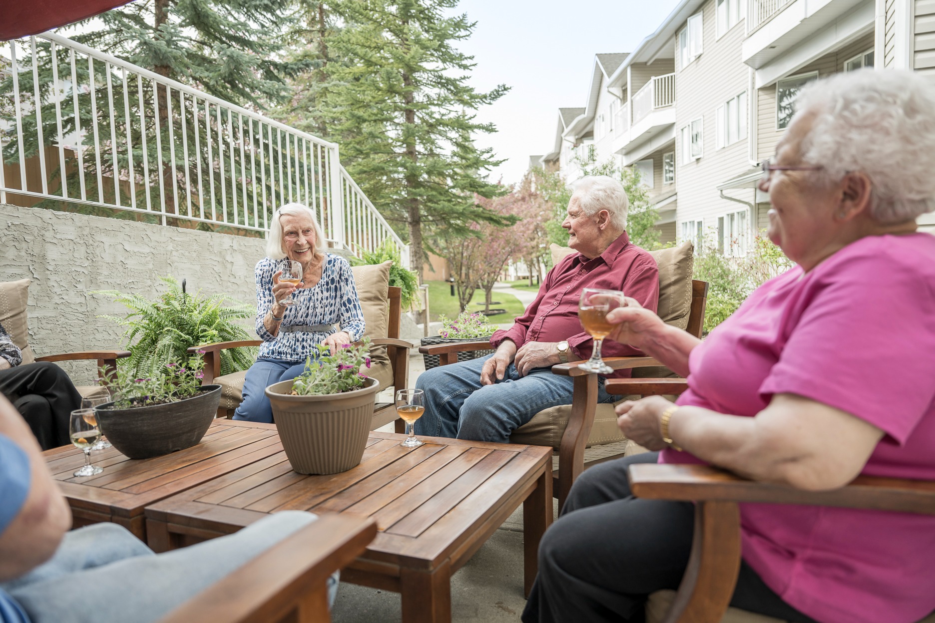 seniors seated at a table laughing and enjoying social activities