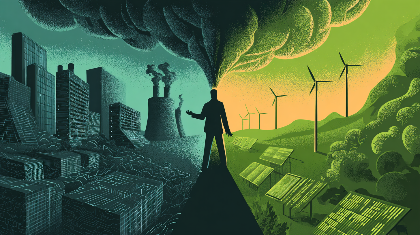 An editorial illustration depicting the AI climate paradox. A figure stands at the center of two contrasting worlds: on the left, a dystopian landscape of servers and smokestacks emitting dark pollution; on the right, a green utopia where AI powers renewable energy systems. The illustration symbolizes how AI technology can be both an environmental problem and solution.