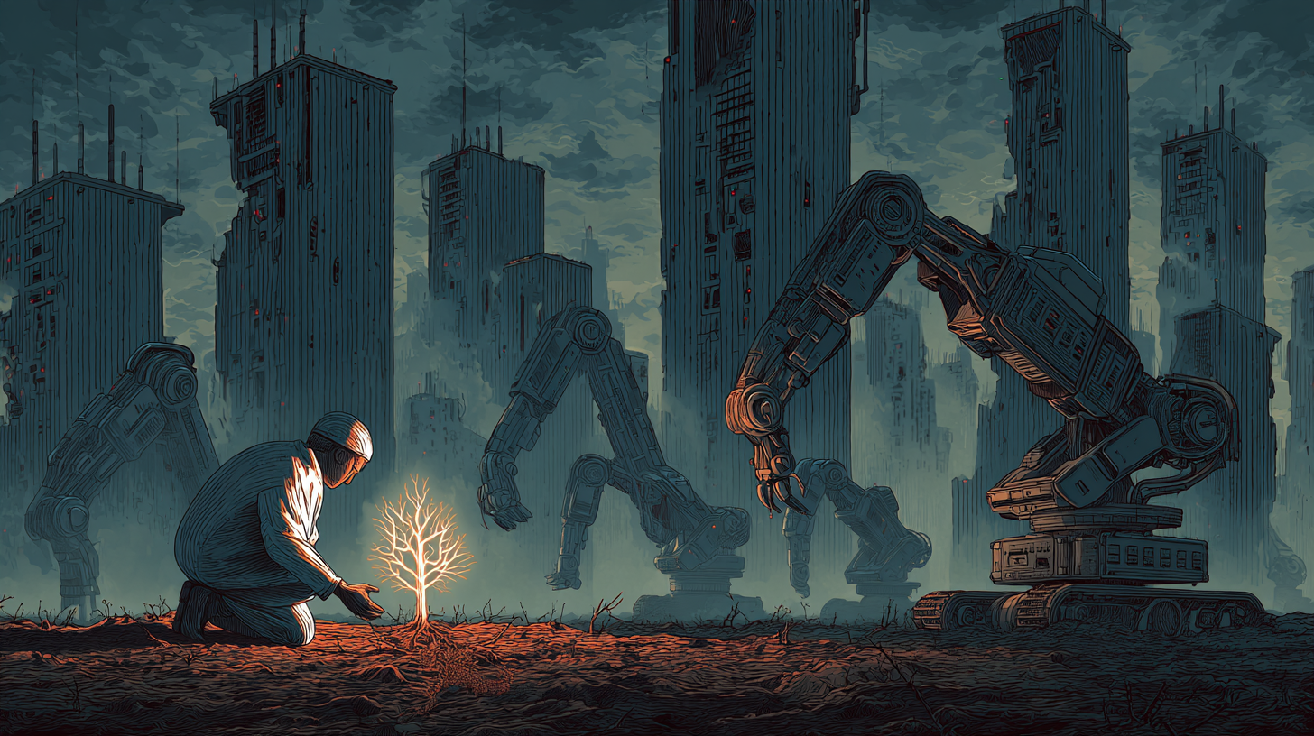 A surreal illustration showing the 'one-prompt paradox.' In the foreground, a person carefully tends to a single glowing seedling, while in the background, massive robotic machines clear-cut a forest of server towers. The stark contrast in scale illustrates the disparity between individual action and industrial-scale environmental impact.