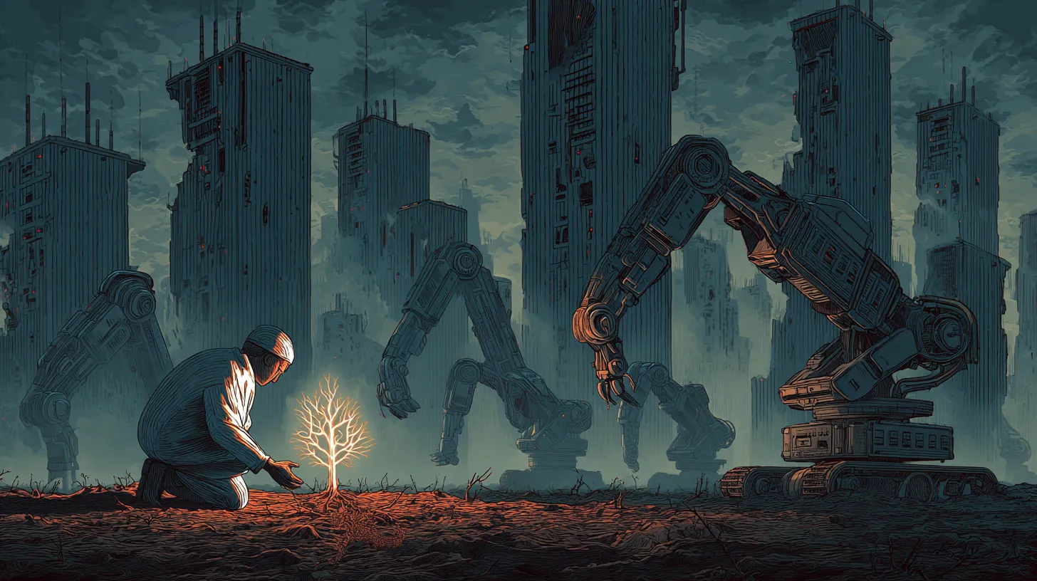 A surreal illustration showing the 'one-prompt paradox.' In the foreground, a person carefully tends to a single glowing seedling, while in the background, massive robotic machines clear-cut a forest of server towers. The stark contrast in scale illustrates the disparity between individual action and industrial-scale environmental impact.