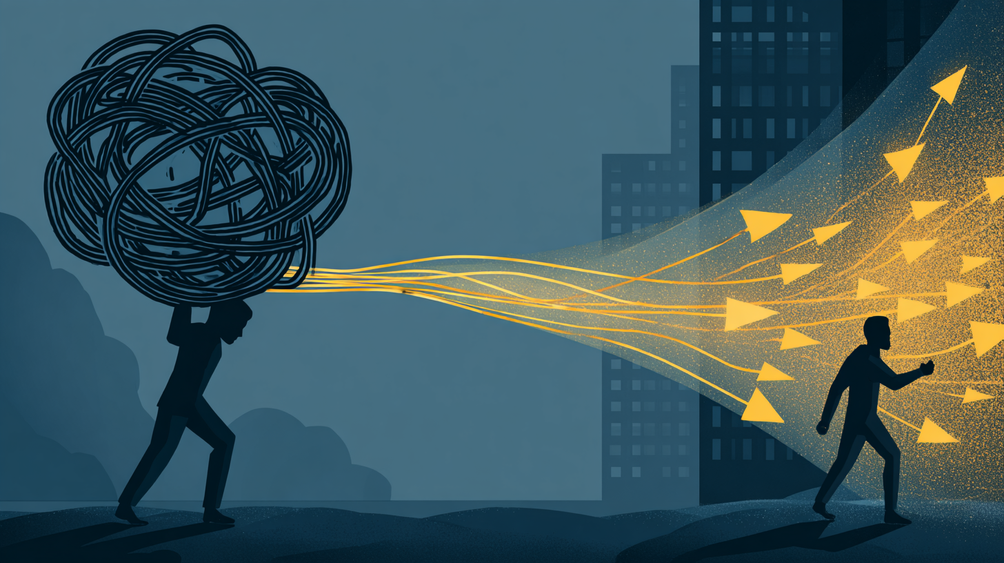 A conceptual illustration showing transformation from guilt to action. On the left, a figure is hunched under a heavy weight of tangled data cables against a dark background. Moving right, the figure stands tall, transforming the burden into a stream of glowing energy arrows directed at a corporate building. The color shifts from dark blue to bright gold, symbolizing the change from passive guilt to active advocacy.