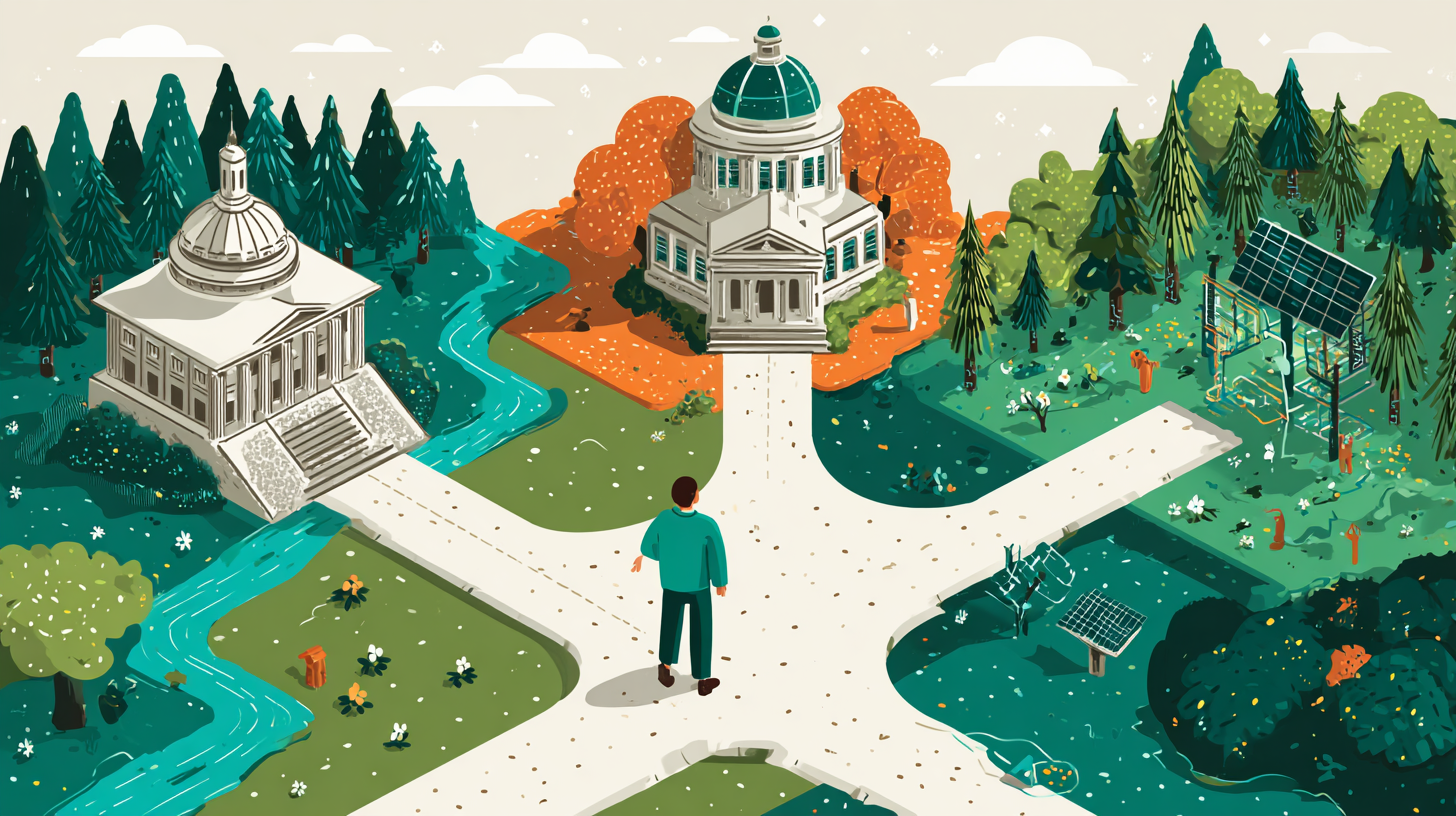 An isometric illustration showing a person at a crossroads with three different paths for environmental action: one path leads to a capitol building representing advocacy, another to a marketplace of sustainable businesses, and a third to a forest with AI-assisted conservation. The bright, hopeful design illustrates strategic options for channeling environmental concern into effective action.