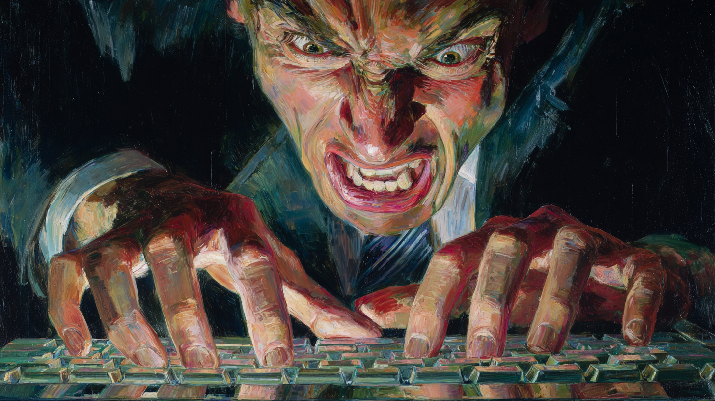 Distorted painted portrait of angry man with contorted facial features aggressively typing on keyboard, artistic representation of digital rage and character revelation