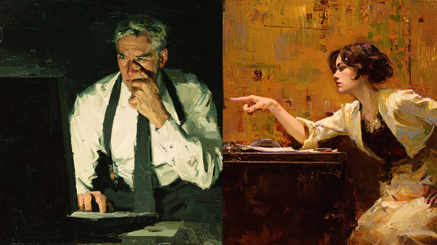 Split artistic scene showing contrast between contemplative older man and woman at desk, representing different approaches to technology and AI interaction