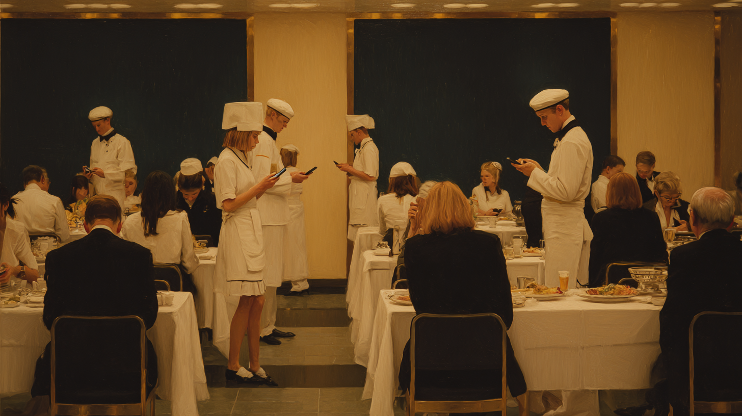 Upscale restaurant scene with professional servers in white uniforms and chef hats serving well-dressed diners at elegant tables, representing traditional service industry character test