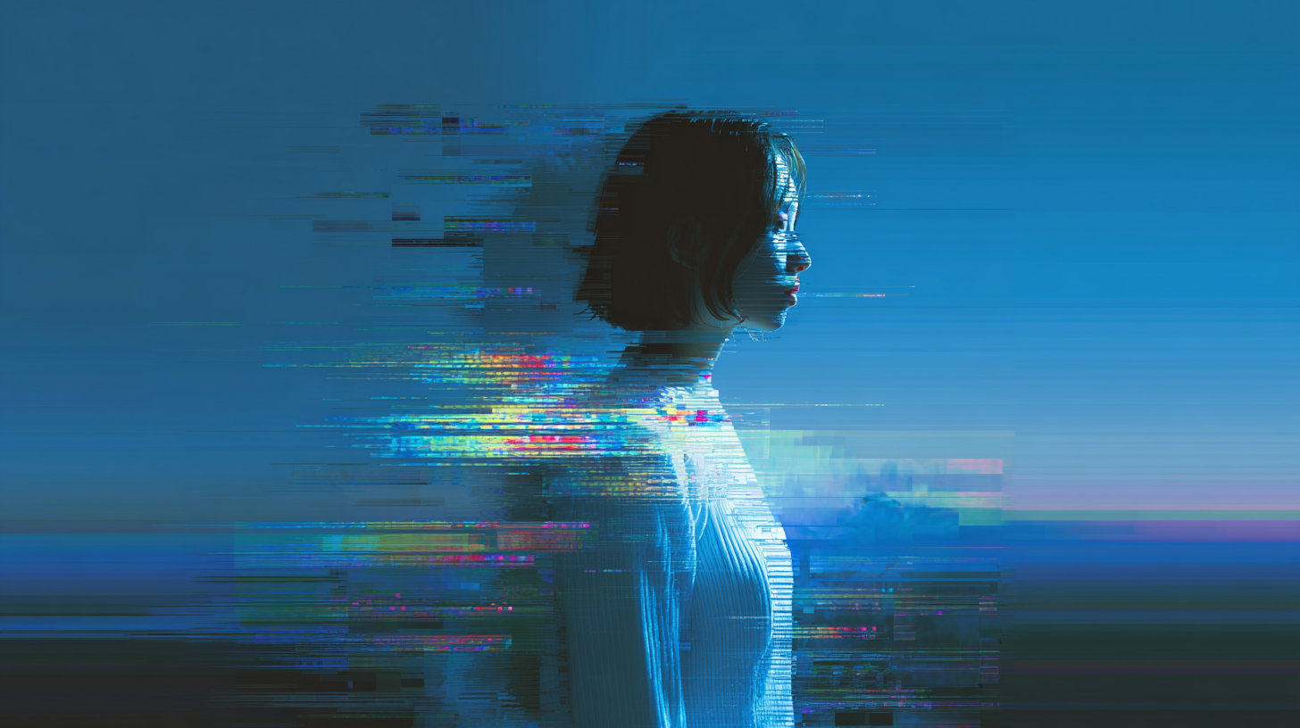 Digital glitch art silhouette of person with pixelated corruption effects in blue tones, representing digital identity decay and technological personality corruption