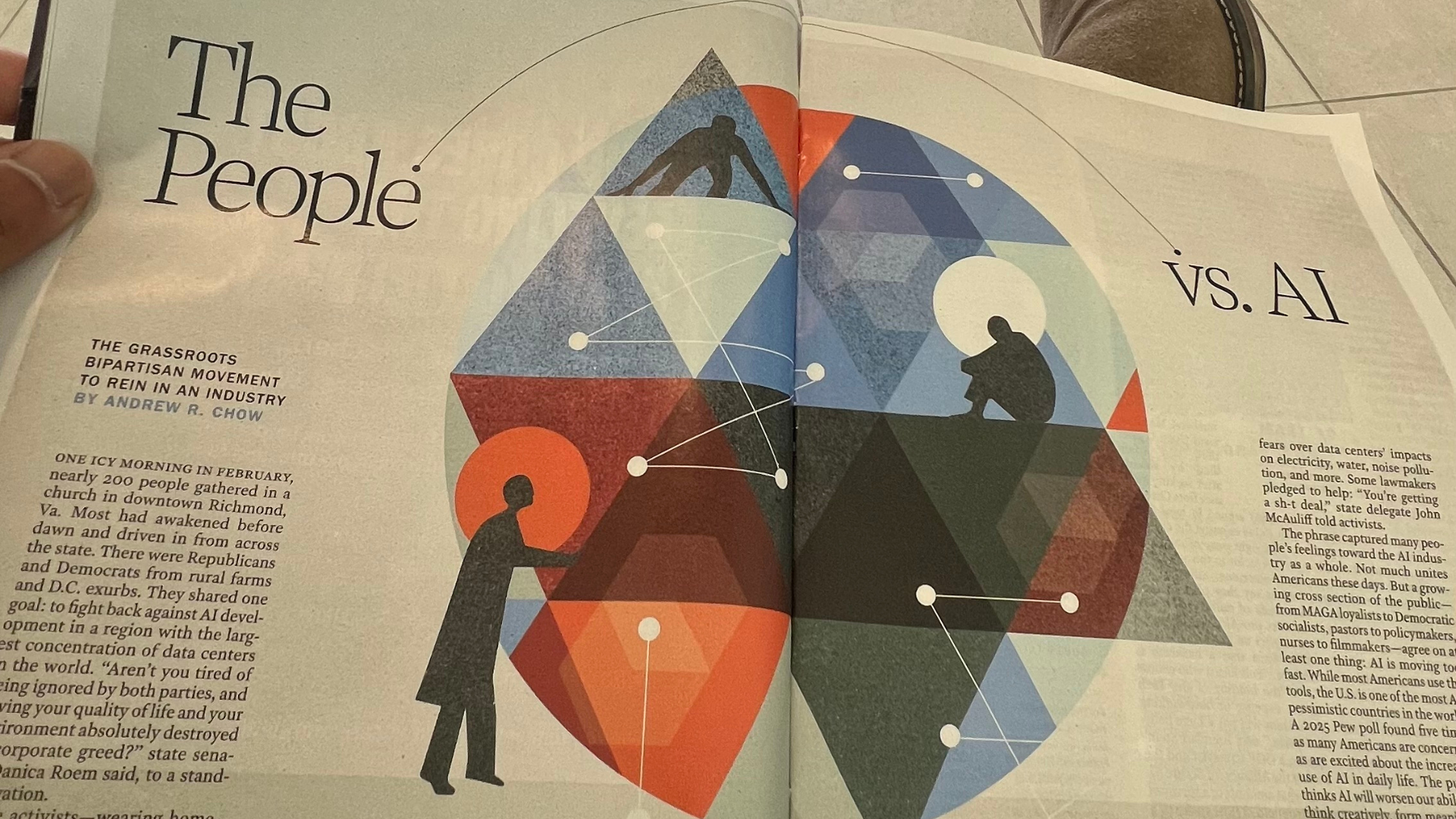 Illustration showing people in a collage-style composition with “People vs. AI” theme.