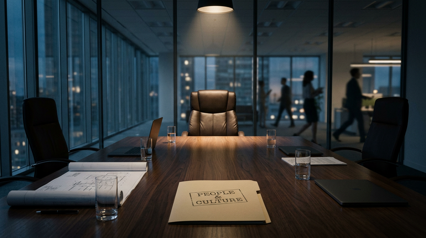 Empty boardroom chair with a People & Culture folder on the table, suggesting HR and L&D leadership in AI adoption.