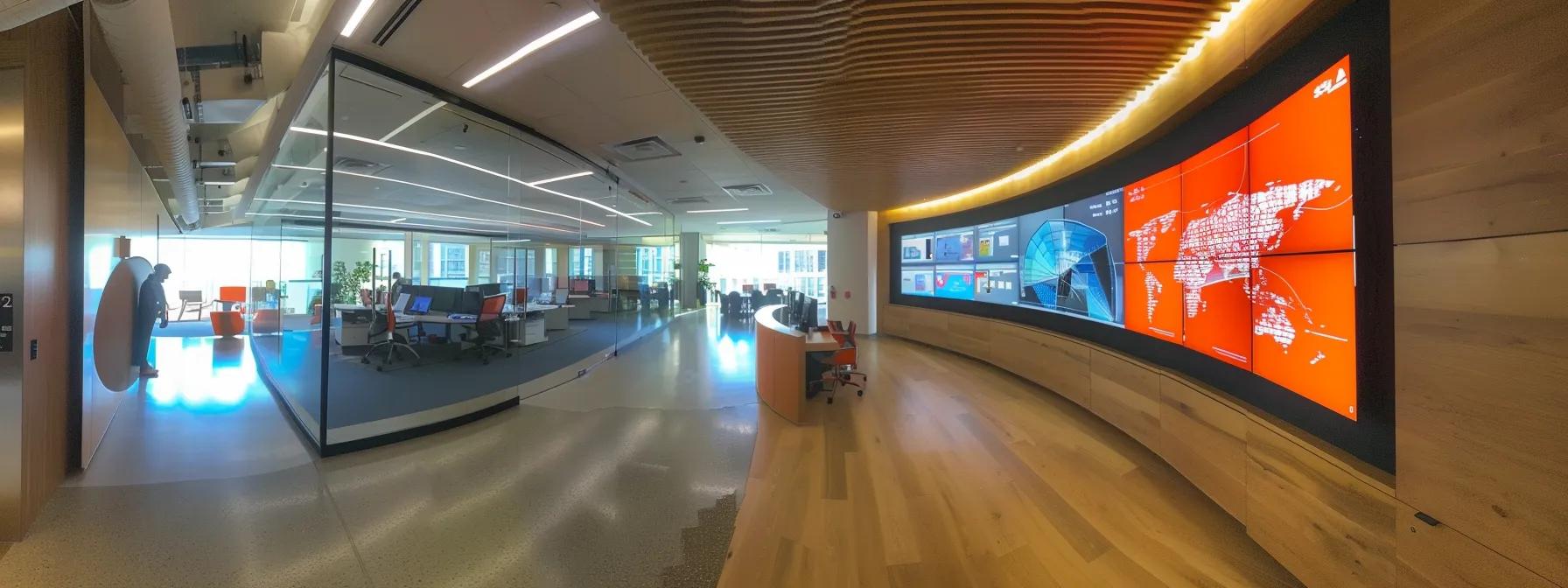a modern office interior showcases a sleek conference room with dynamic digital screens displaying industry-specific data analytics, highlighting the transformative impact of virtual assistants on sectors like real estate and ecommerce.