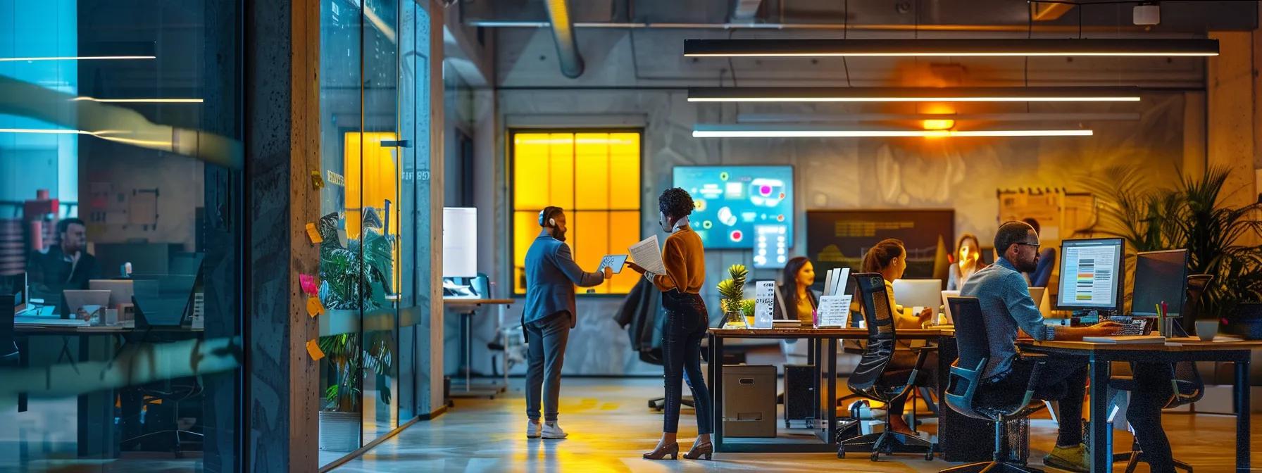 a modern, sleek office environment showcases a diverse group of professionals engaging with cutting-edge technology, illuminated by vibrant overhead lighting, as they discuss the significance of ai literacy in virtual assistance for the year 2025.