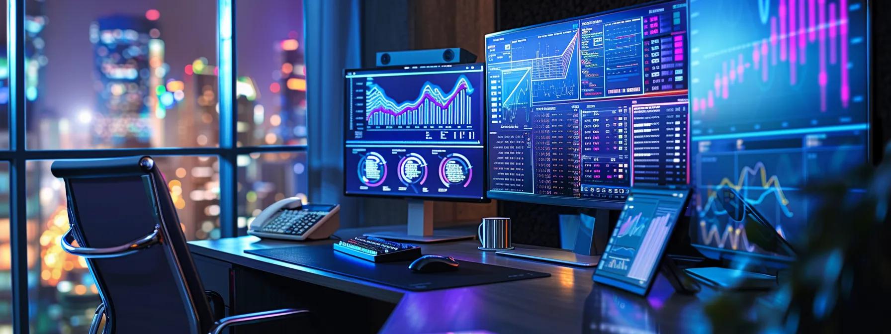 a sleek, modern office workspace filled with advanced technology tools, showcasing a dynamic virtual assistant engaged in data analytics on multiple screens, capturing the essence of critical ai skills for 2025.