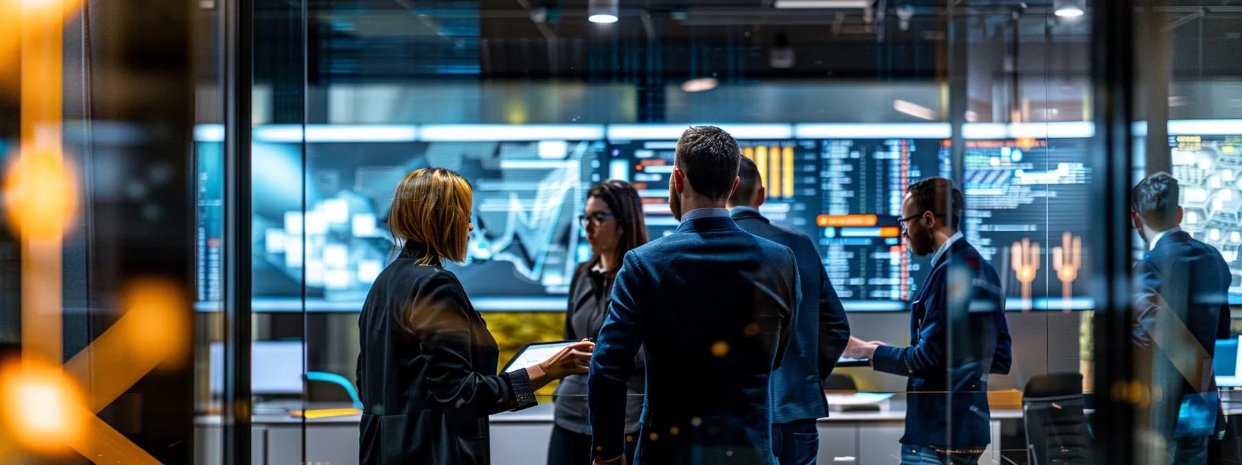 a modern office space with a diverse group of professionals engaged in an interactive ai training session, featuring digital displays showcasing advanced topics like machine learning and data analytics.