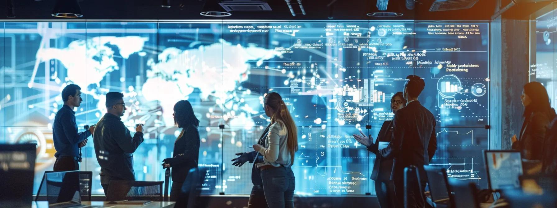 a modern, sleek office environment showcases a diverse group of professionals engaged in a collaborative discussion, surrounded by digital screens displaying data privacy and ethical guidelines related to ai technology.