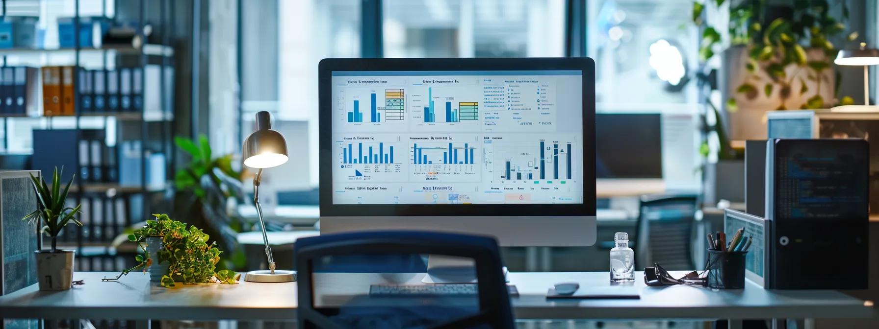a modern office setting showcases a sleek desk with a computer displaying a digital task management dashboard, surrounded by automated workflow charts and delegation plans prominently pinned on the wall, conveying a dynamic and organized approach to team efficiency.
