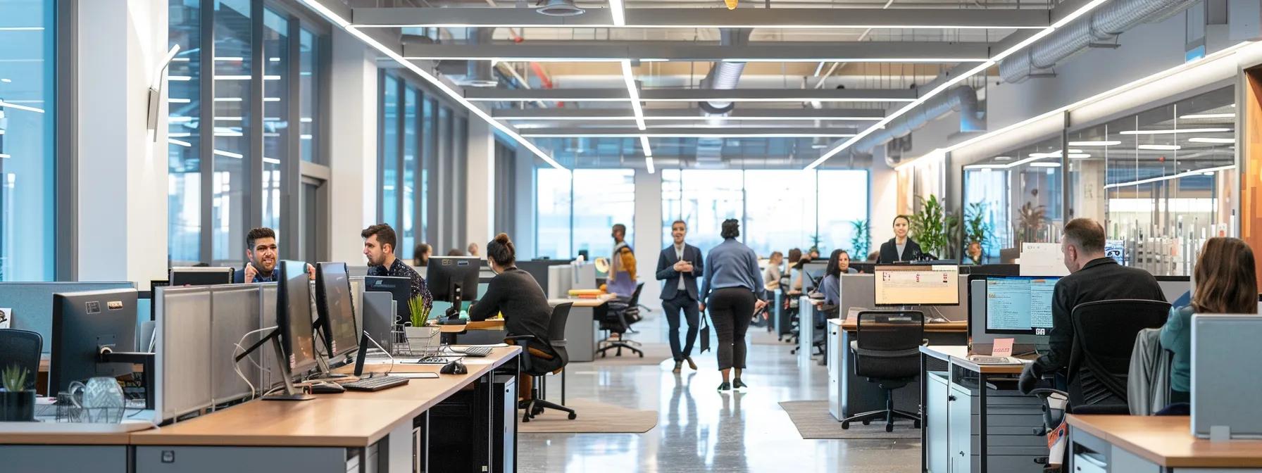 a bustling modern office environment showcases a focused team strategically delegating tasks at sleek desks, with engaging discussions illuminated by bright overhead lights, emphasizing effective collaboration and efficiency before hiring.