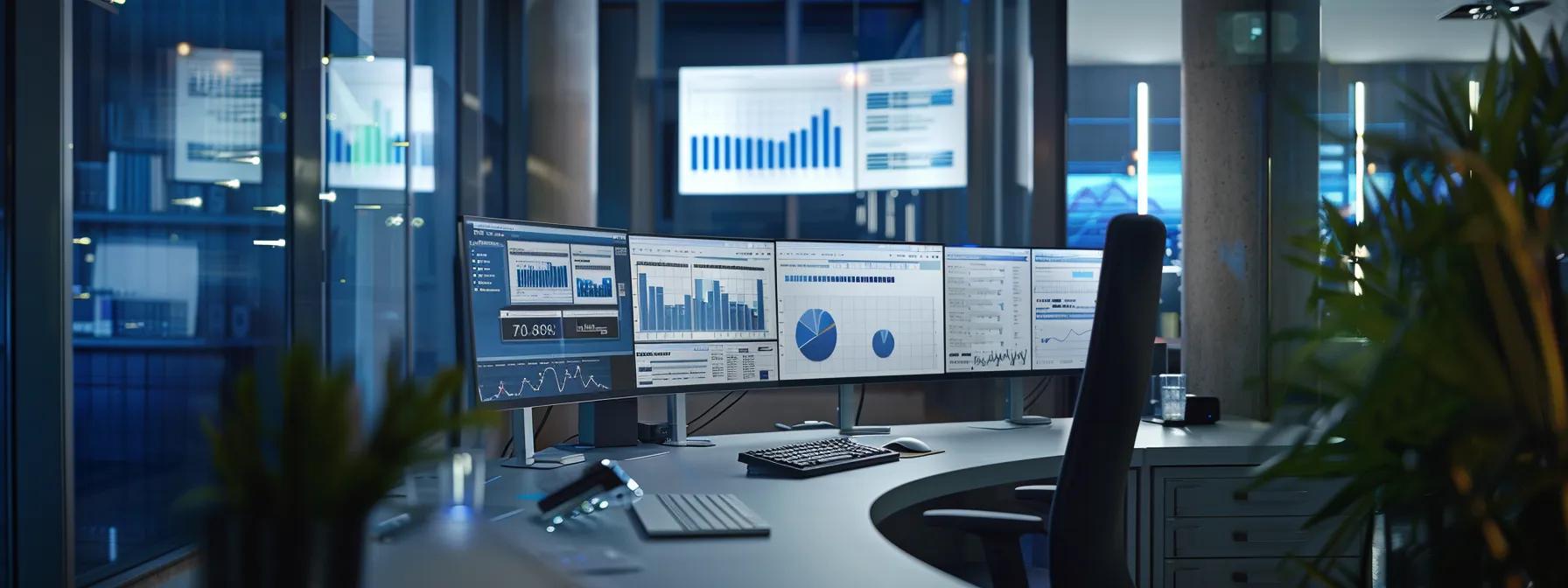 a sleek, modern office workspace is filled with cutting-edge technology and digital dashboards displaying automated financial metrics, emphasizing the efficiency and precision of streamlined administrative tasks.