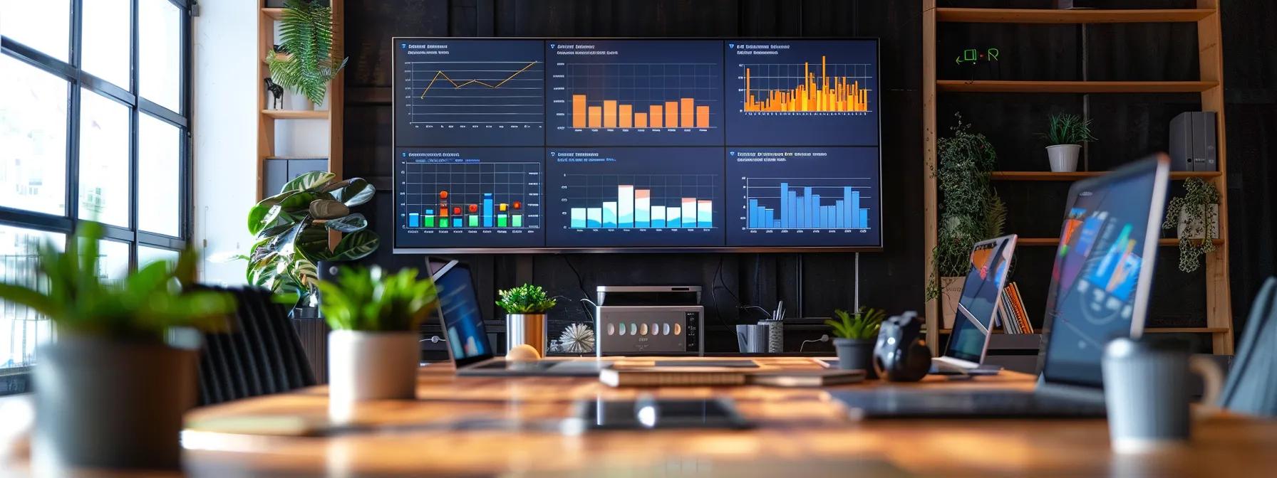 a dynamic office workspace showcases a sleek digital dashboard displaying real-time sales metrics and lead generation analytics, illustrating the efficiency of automation and delegation in driving business growth.