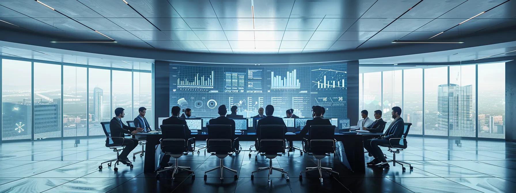 a sleek, modern office space features a large conference table surrounded by focused professionals engaged in a discussion about the intricacies of task automation and delegation, with digital screens displaying data analytics and workflow charts illuminating the room.