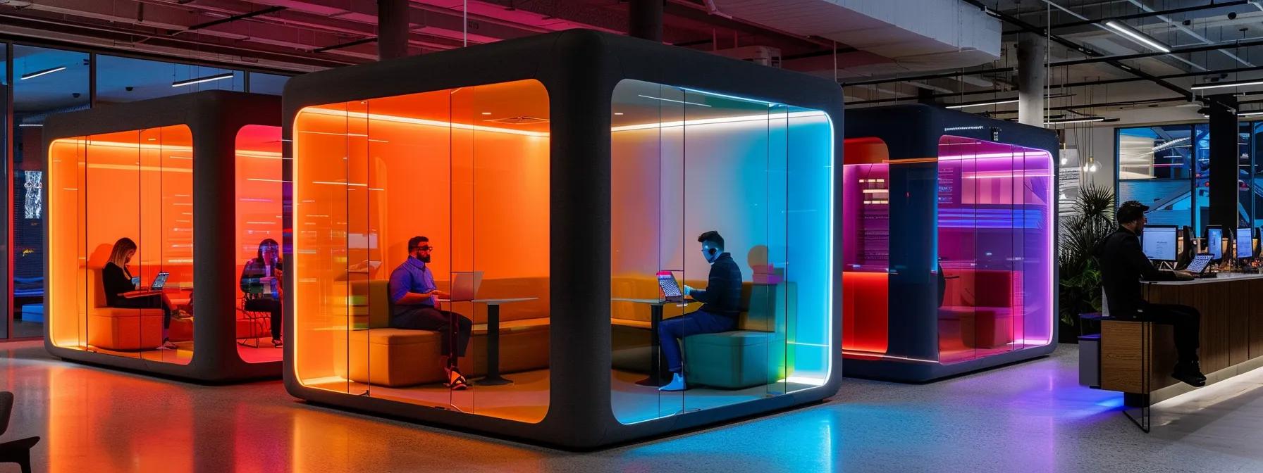 a dynamic, modern office space showcases diverse team members collaborating virtually via high-tech va pods, illuminated by vibrant neon lights that emphasize the innovative, round-the-clock work culture.