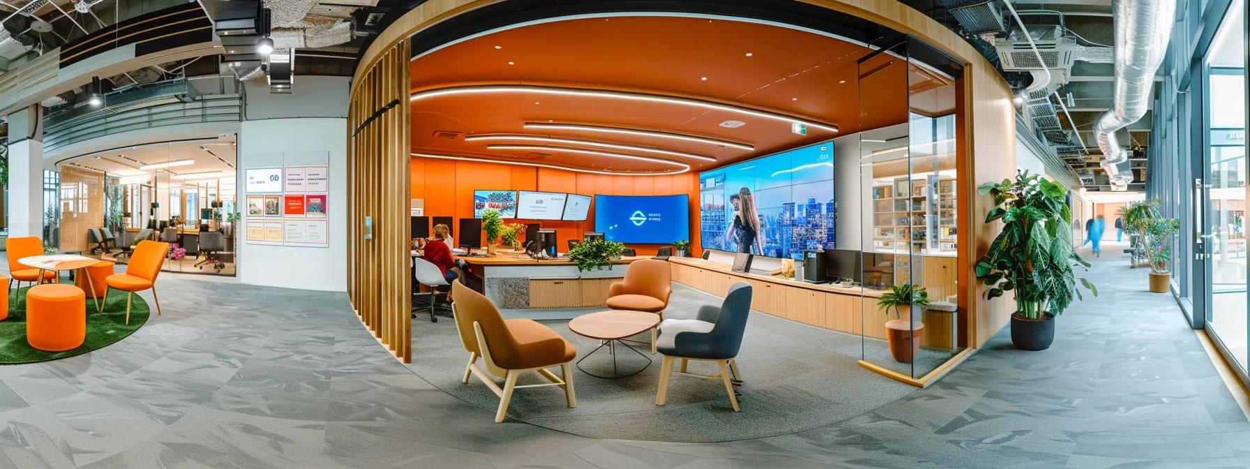 a dynamic office space filled with diverse virtual assistants engaging with digital tools like slack and trello on their screens, showcasing seamless collaboration and efficient workflow improvements in a vibrant, modern setting.