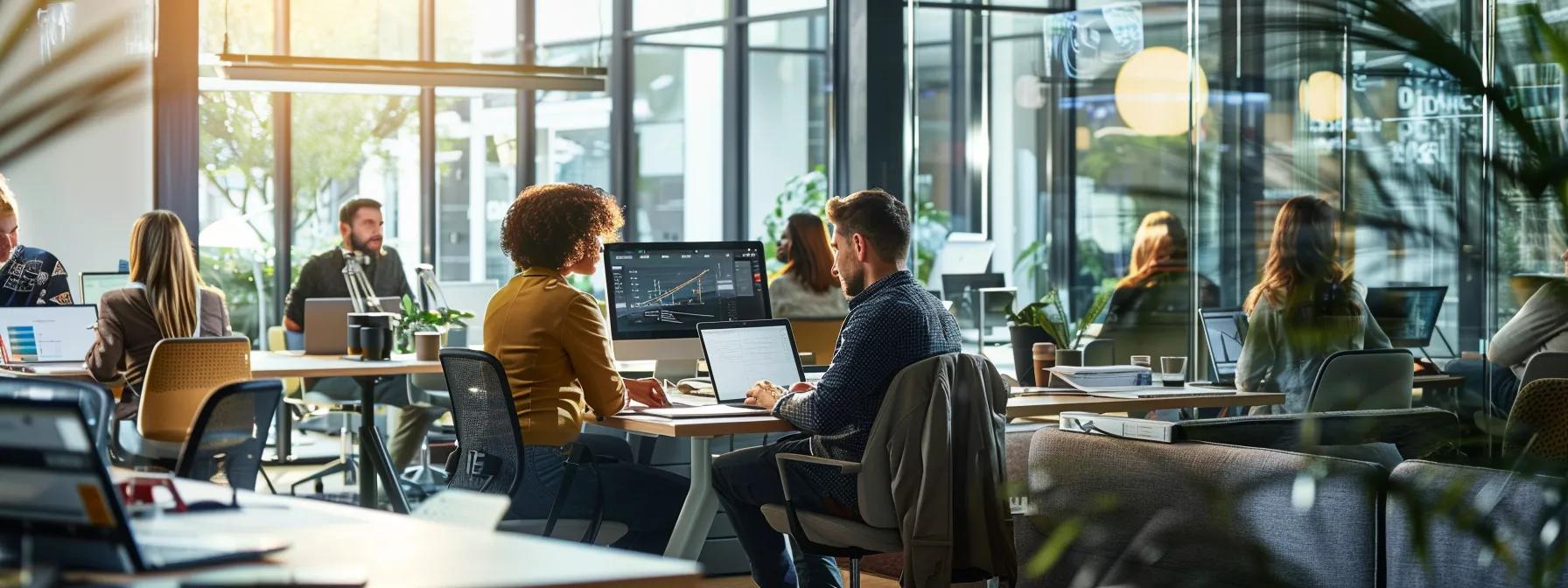 a modern, bustling office space filled with focused professionals collaborating via laptops and digital task boards, illustrating the dynamic efficiency of asynchronous work and virtual assistant teamwork.