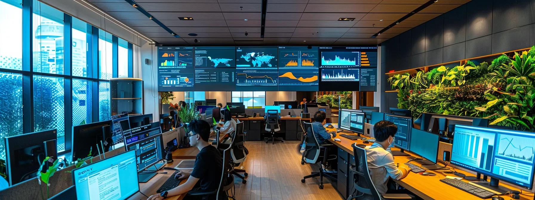 a sleek, modern office space showcases a diverse team of virtual assistants engaged in collaborative tasks around a digital dashboard, with vibrant screens displaying performance metrics and real-time updates.
