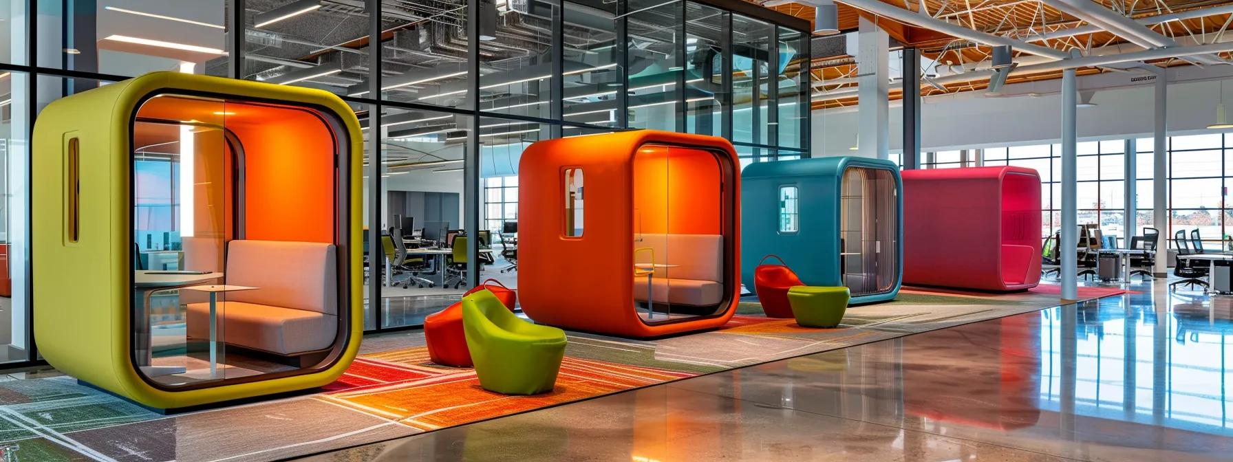 a modern office space featuring sleek va pods designed for asynchronous work, with vibrant colors and a dynamic layout that encourages collaboration and innovation.