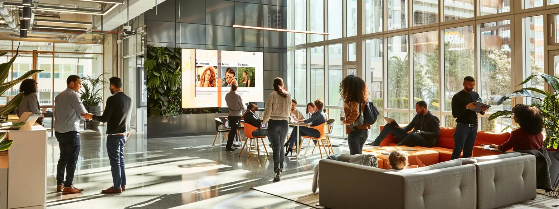 a modern, sleek office space filled with diverse professionals collaboratively brainstorming over digital screens, showcasing the dynamic energy of innovative agencies building future-focused solutions.