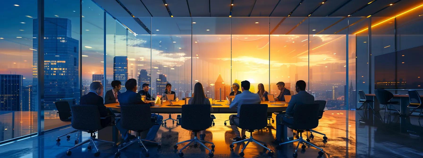 a sleek, modern conference room filled with diverse professionals collaborating over digital growth strategies, illuminated by strategic lighting that enhances their focused discussions on market trends and operational frameworks.