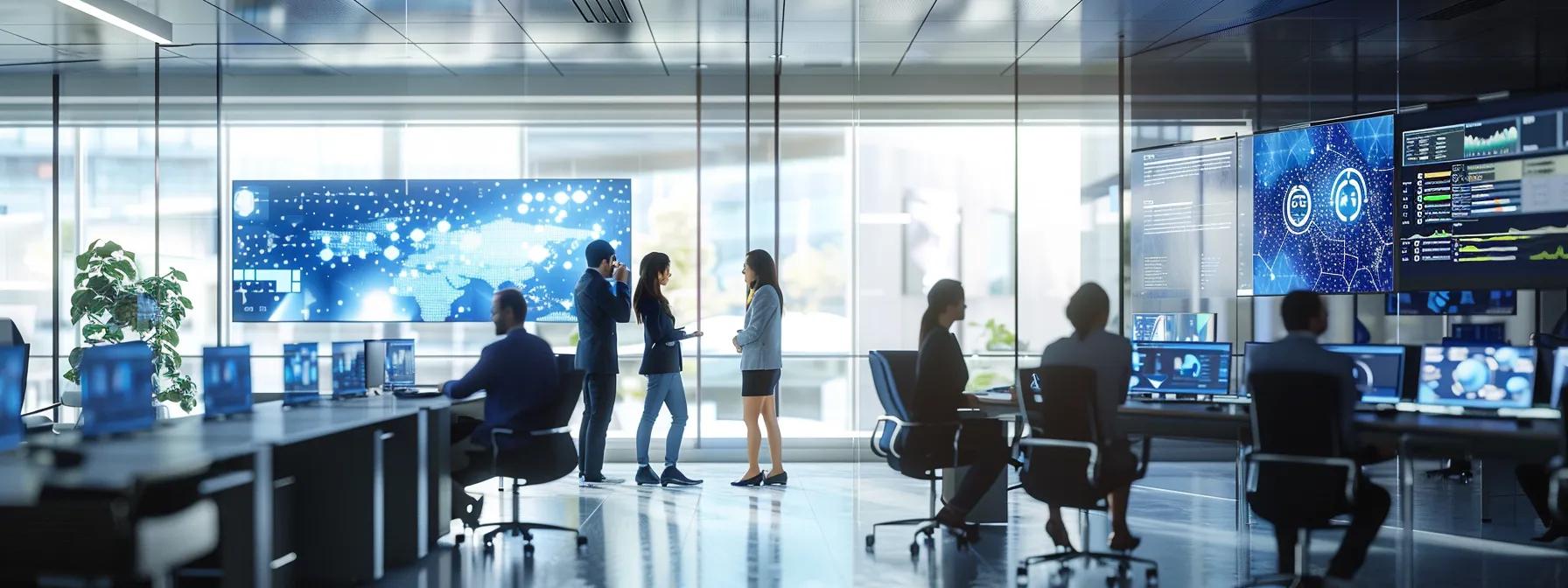 a sleek, modern office environment showcases a team of professionals engaging with advanced digital displays and interactive screens, illustrating the dynamic integration of artificial intelligence and data analytics in agency operations.