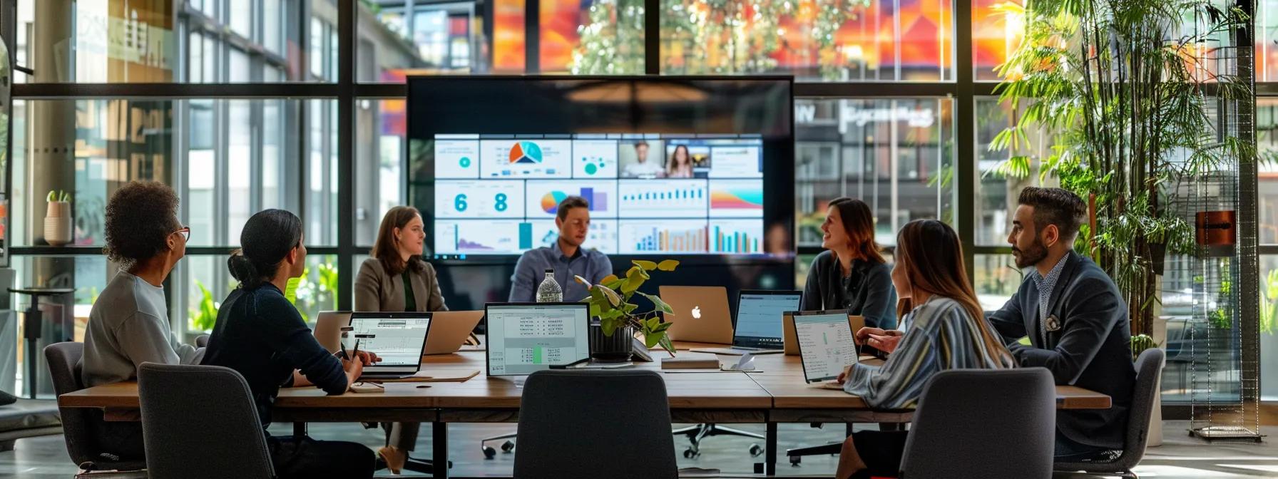 a dynamic urban office setting features a diverse team gathered around a sleek conference table, engaging in a vibrant discussion with digital screens displaying analytics and social media metrics, highlighting the strategic development of their agency’s online presence and authority.
