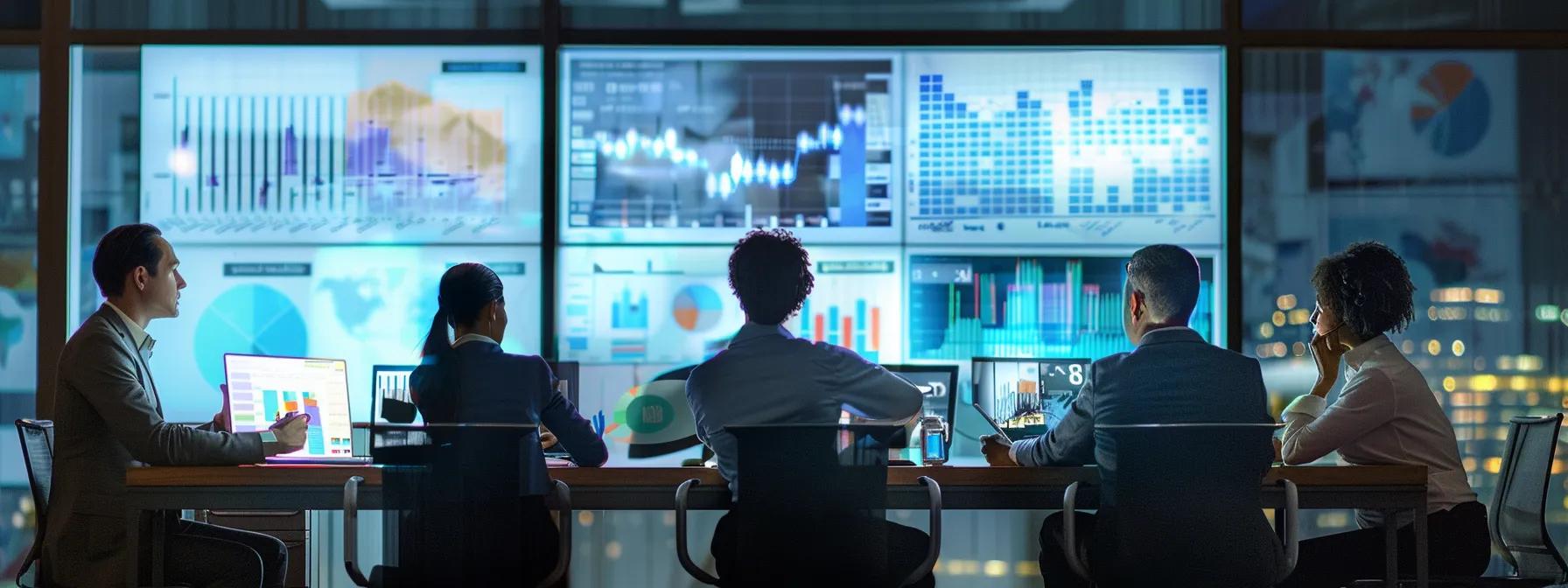 a dynamic office scene showcases a diverse team engaged in a strategy meeting, surrounded by digital displays of analytics and marketing data, highlighting the collaborative effort to drive client success in the fast-paced world of digital marketing.