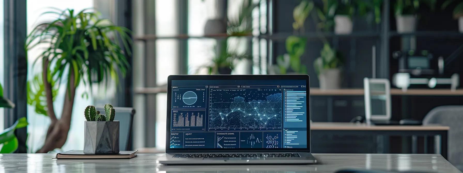 a modern office setting showcases a sleek laptop on a polished desk, with a vibrant digital interface displaying ai algorithms and training modules, emphasizing the theme of efficiently training virtual assistants with advanced technology.