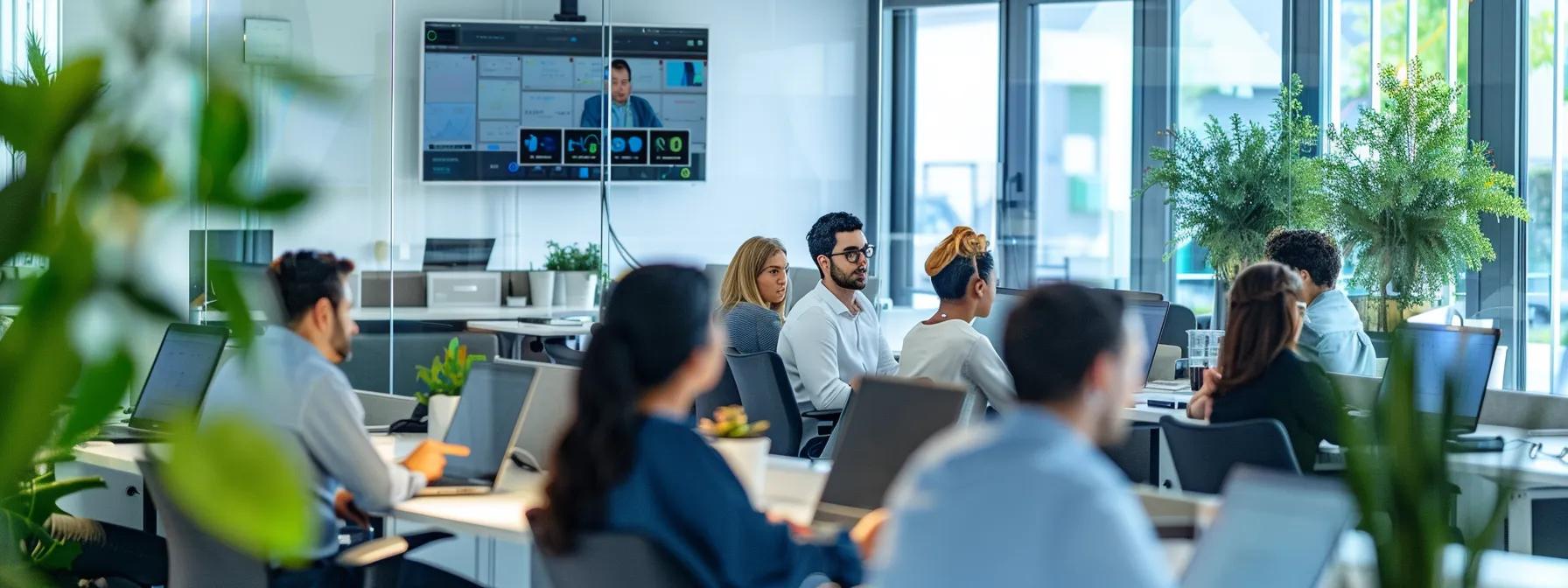 a modern office environment filled with engaged professionals, utilizing advanced ai-driven training platforms on sleek laptops and interactive screens, showcasing a dynamic and collaborative onboarding experience.