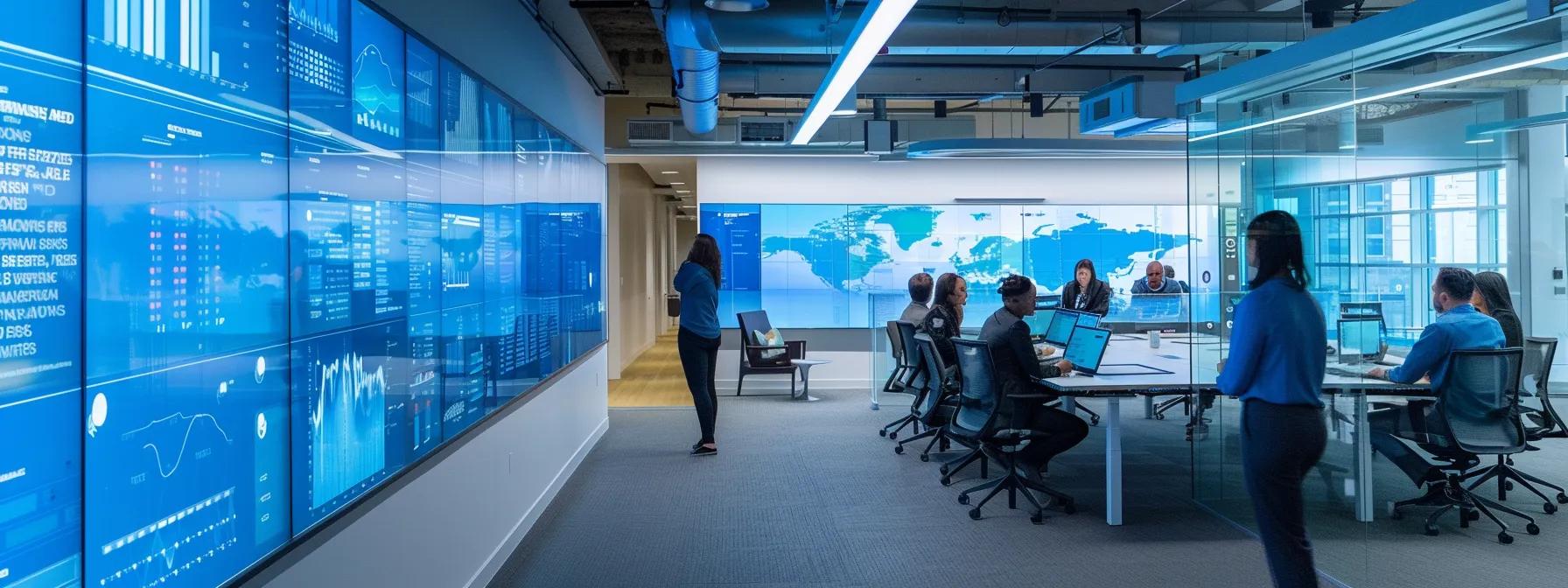 a sleek, modern office space features a diverse team engaged in a collaborative session, surrounded by multiple digital screens displaying analytics and adaptive learning tools, embodying the dynamic process of outsourcing va training to ai platforms.