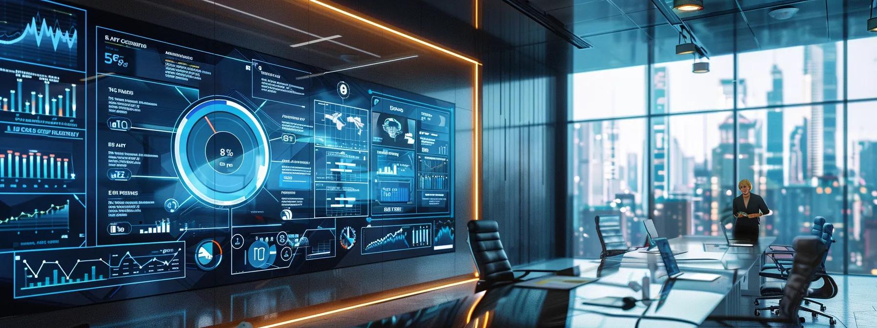 a sleek, modern office interior features a vibrant digital display showcasing an interactive ai training platform dashboard, with dynamic graphs and metrics that highlight user performance and adaptive learning paths against a backdrop of engaged professionals collaborating in a high-tech environment.
