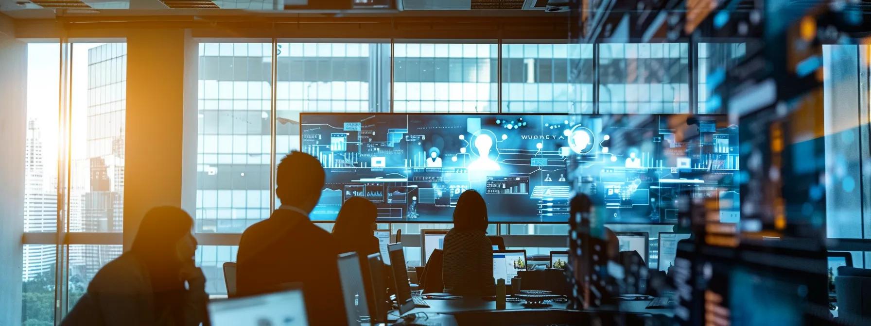 a modern, sleek office environment showcases a diverse team collaborating around a high-tech digital interface, symbolizing the dynamic growth and efficiency driven by remote operations.
