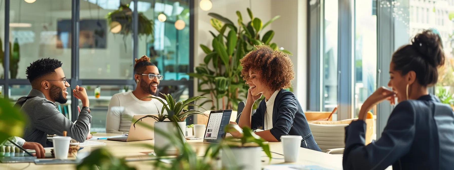 a sleek, modern office workspace showcases a diverse team engaged in dynamic discussions while interacting with virtual assistant technology on their devices, emphasizing the transformative benefits of integrating vas into business operations.