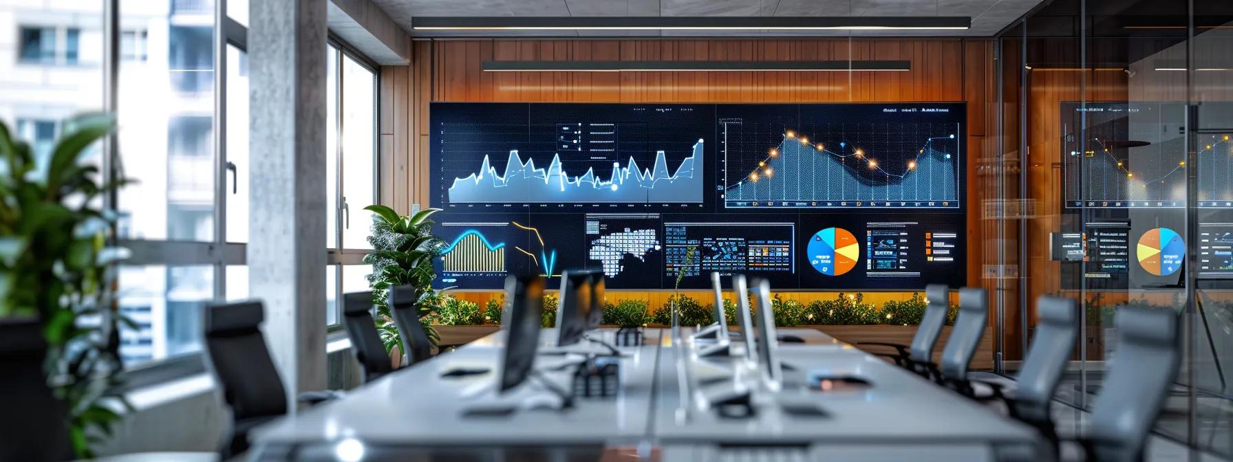 a sleek, modern office space showcases a digital dashboard displaying vibrant performance analytics metrics, illustrating the optimization process of virtual assistant pods.