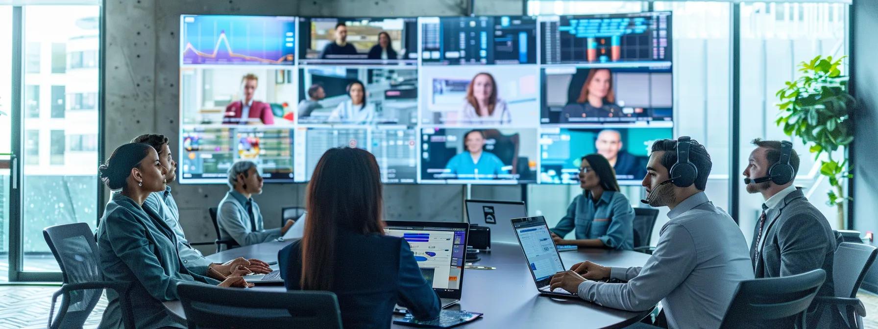 a modern office space filled with diverse professionals engaged in a dynamic virtual meeting, surrounded by digital tools and large screens displaying performance metrics and goals, highlighting effective communication and collaboration for managing virtual assistants.