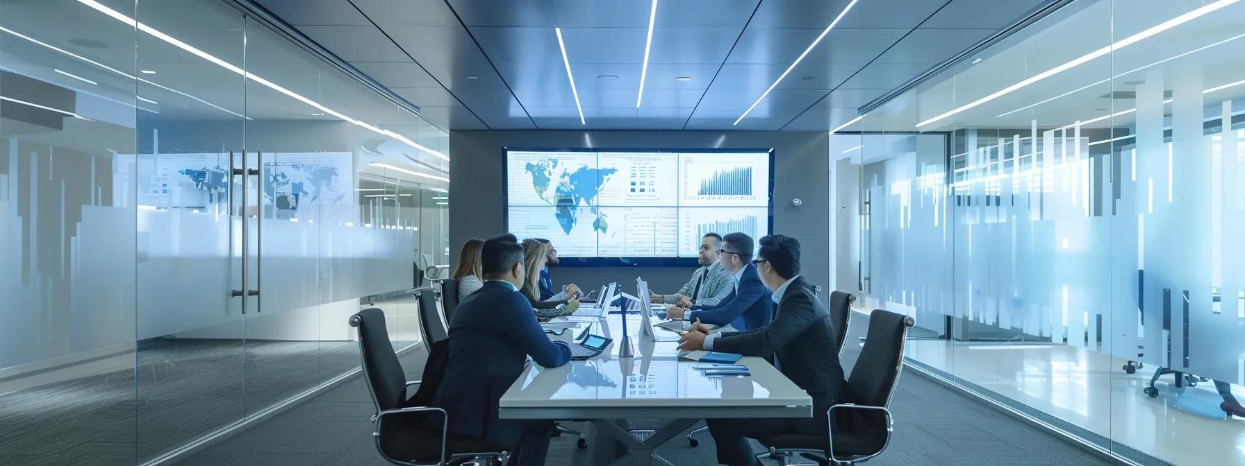 a modern office conference room features a sophisticated group of professionals engaged in a dynamic discussion around a sleek table, with vibrant visuals on a digital screen illustrating the strategic advantages of offshore va pods.