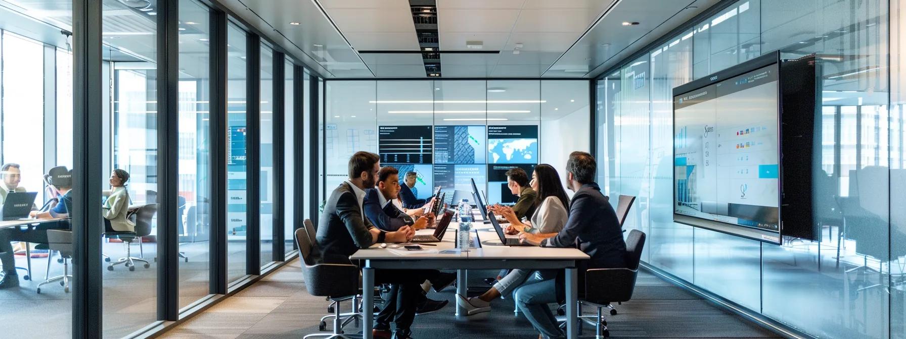 a sleek, modern office space showcases a diverse team of professionals engaged in a collaborative strategy session, with digital displays highlighting offshore va pod benefits and workflows, conveying a sense of efficiency and growth.