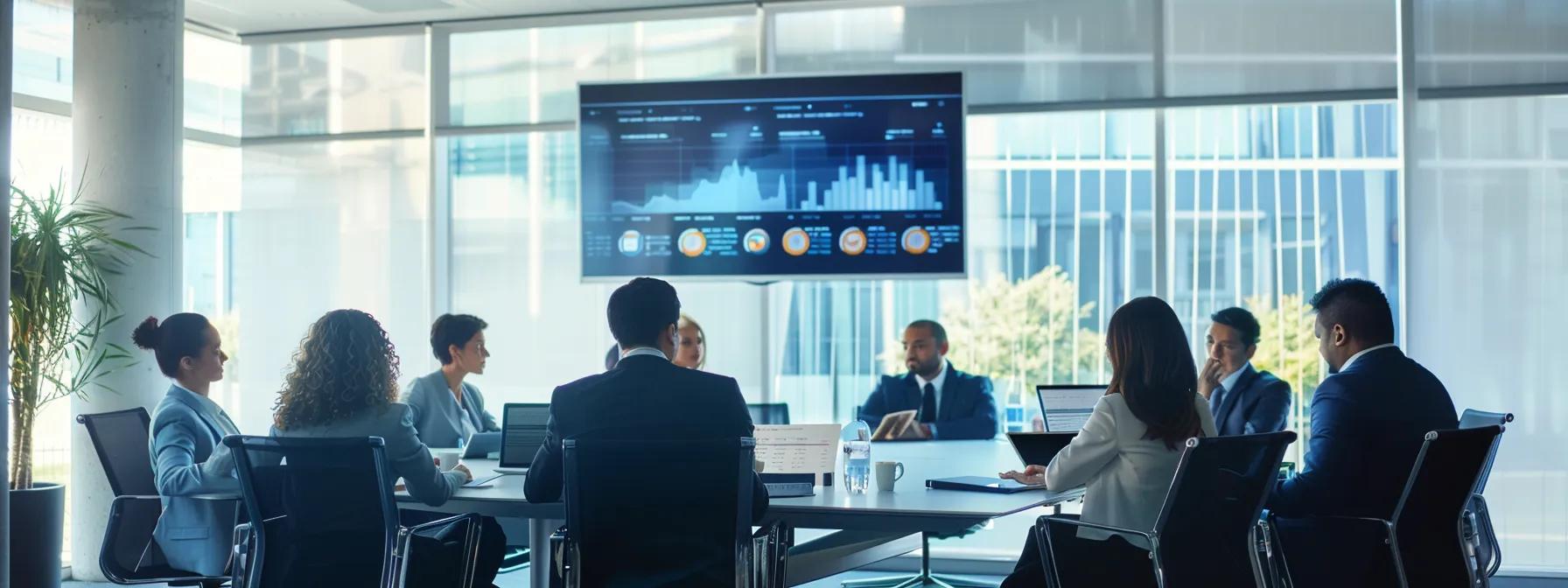 a sleek, modern office space showcases a diverse team of professionals collaborating around a large conference table, with digital screens displaying charts and workflows, emphasizing strategic planning and management for successful offshore va pod development.
