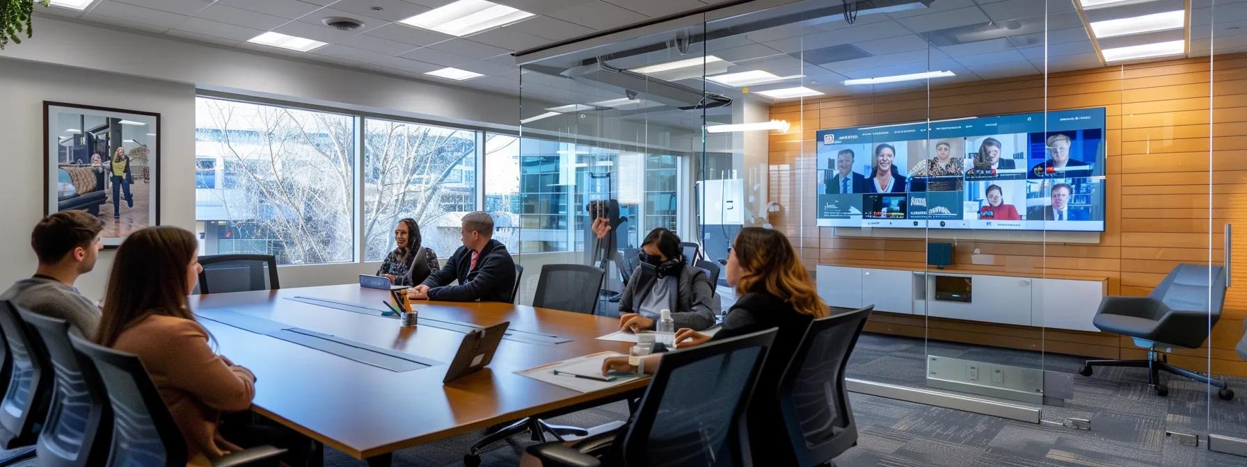 a dynamic conference room filled with professionals engaged in a video call, highlighting advanced communication technology and offshore va pods as efficient and cost-effective solutions for modern business operations.