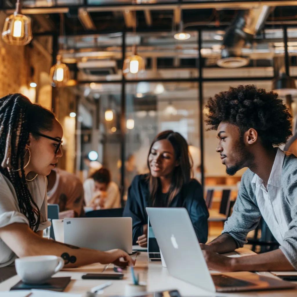 Diverse professionals collaborating in a modern office, representing virtual assistant strategy and teamwork